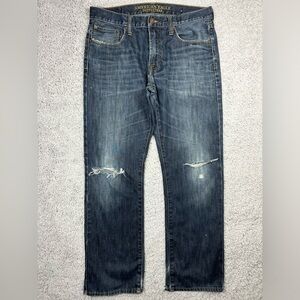 American Eagle Jeans Mens 34 x 32 Original Straight Cotton Dark Distressed Holes